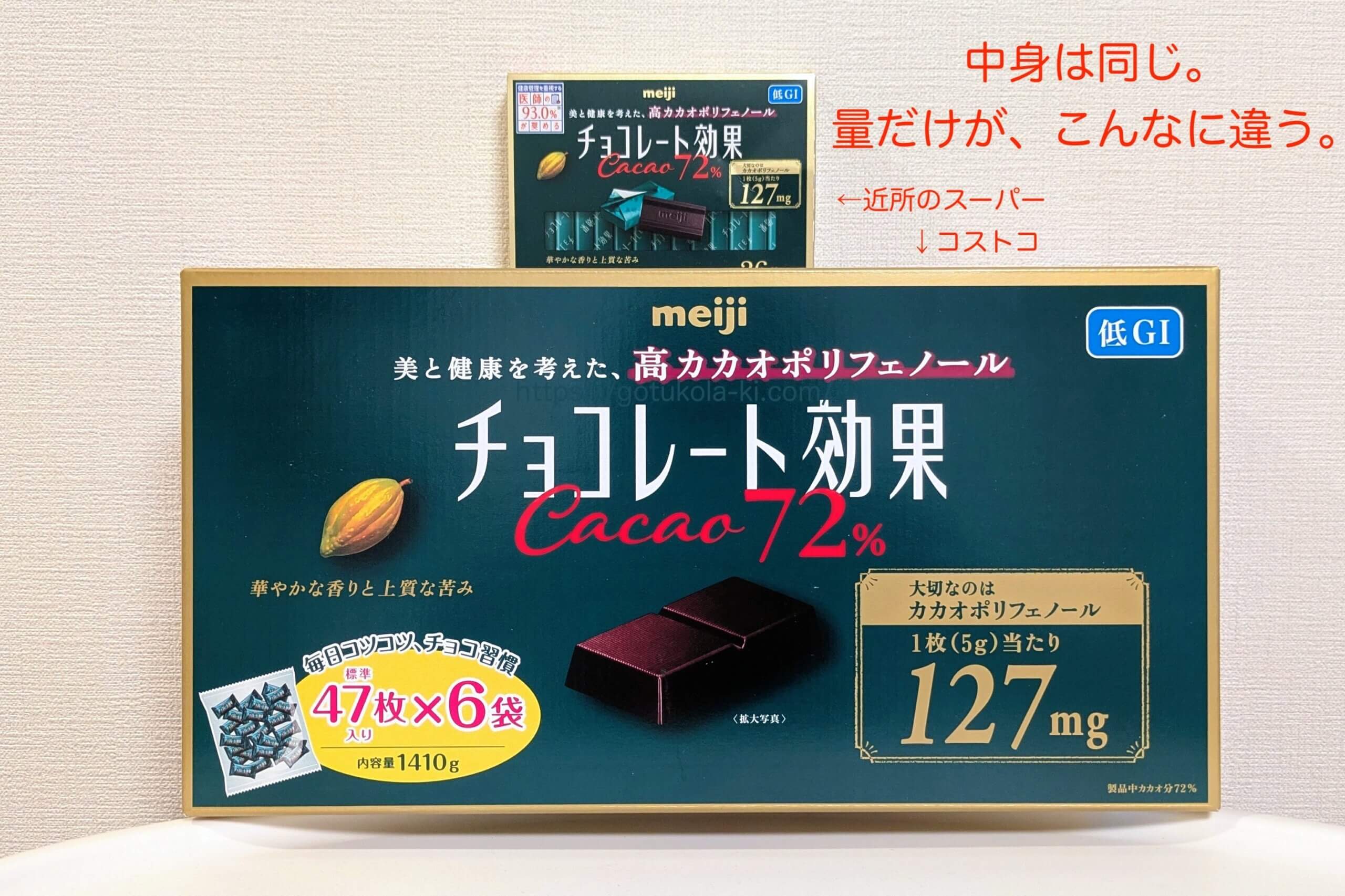 近所のスーパーで買ったチョコレート効果とコストコで買ったチョコレート効果。中身は同じ。量だけが、こんな違う。